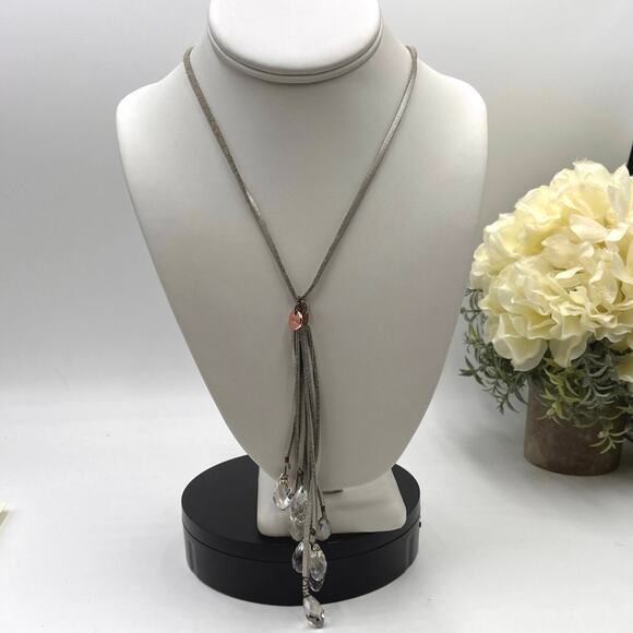 Saachi Gray Metallic Suede Leather Faceted Glass Dangle Rose Gold Necklace - Picture 1 of 8